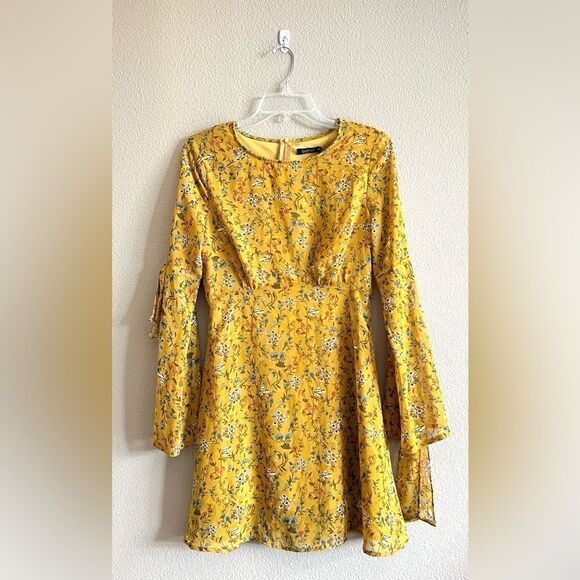 Boohoo Boho Mustard Yellow Floral Print Dress - Picture 1 of 7